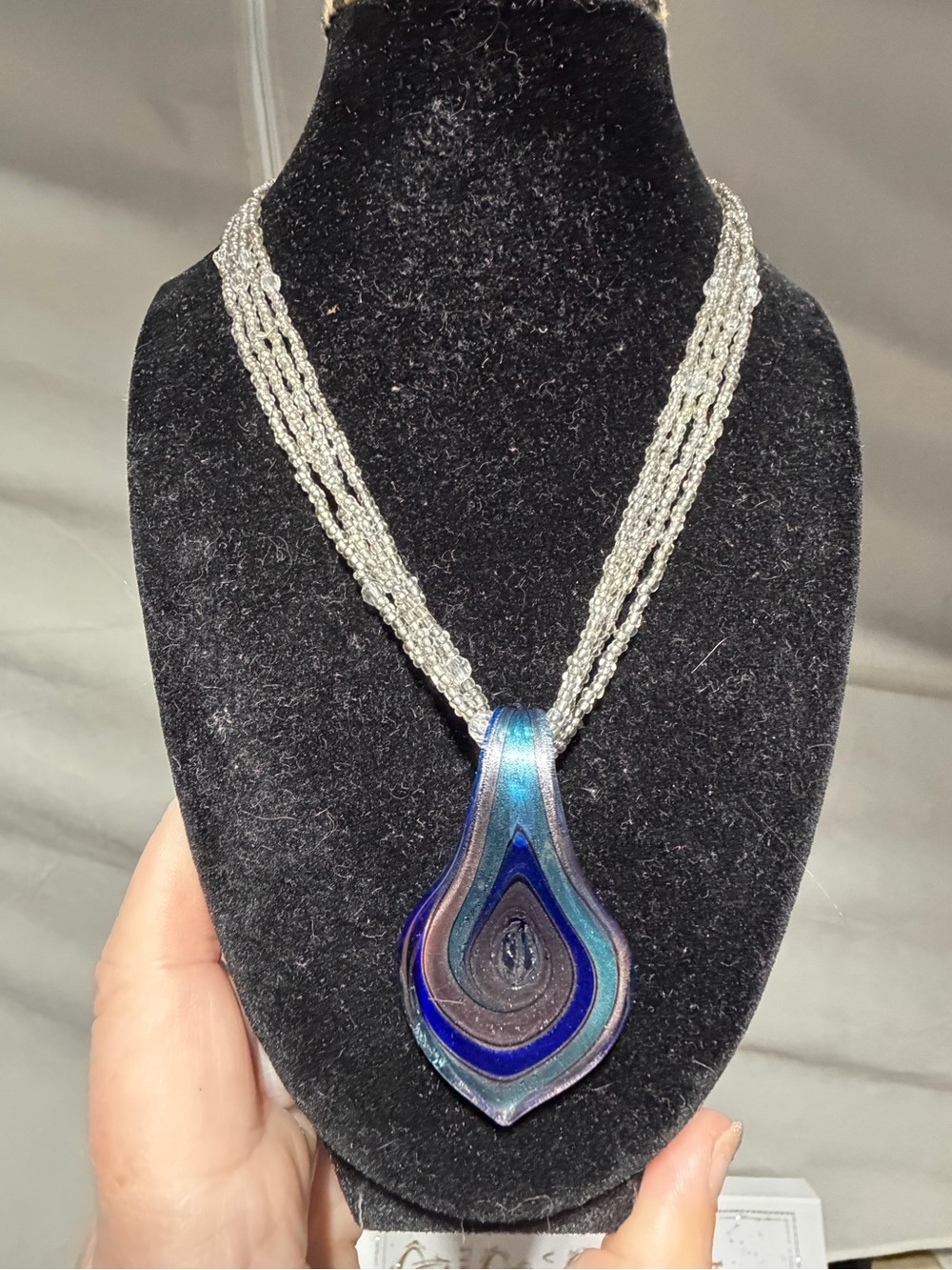 Blue Teardrop Art Glass Pendant Necklace Multi Strand Seed Bead